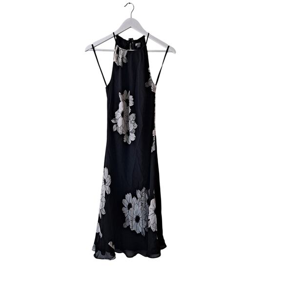 NWOT Ann Taylor Floral Silk Dress Sleeveless Halter Neck Midi Black Women Size 2 - Picture 1 of 13